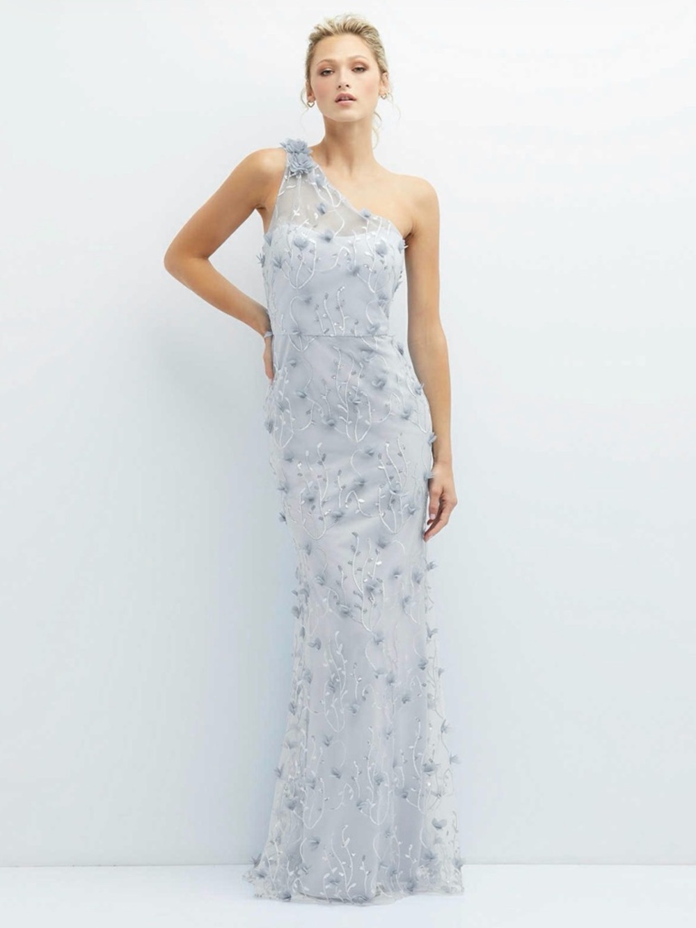 One-Shoulder Floral Beaded Dress in Blue
